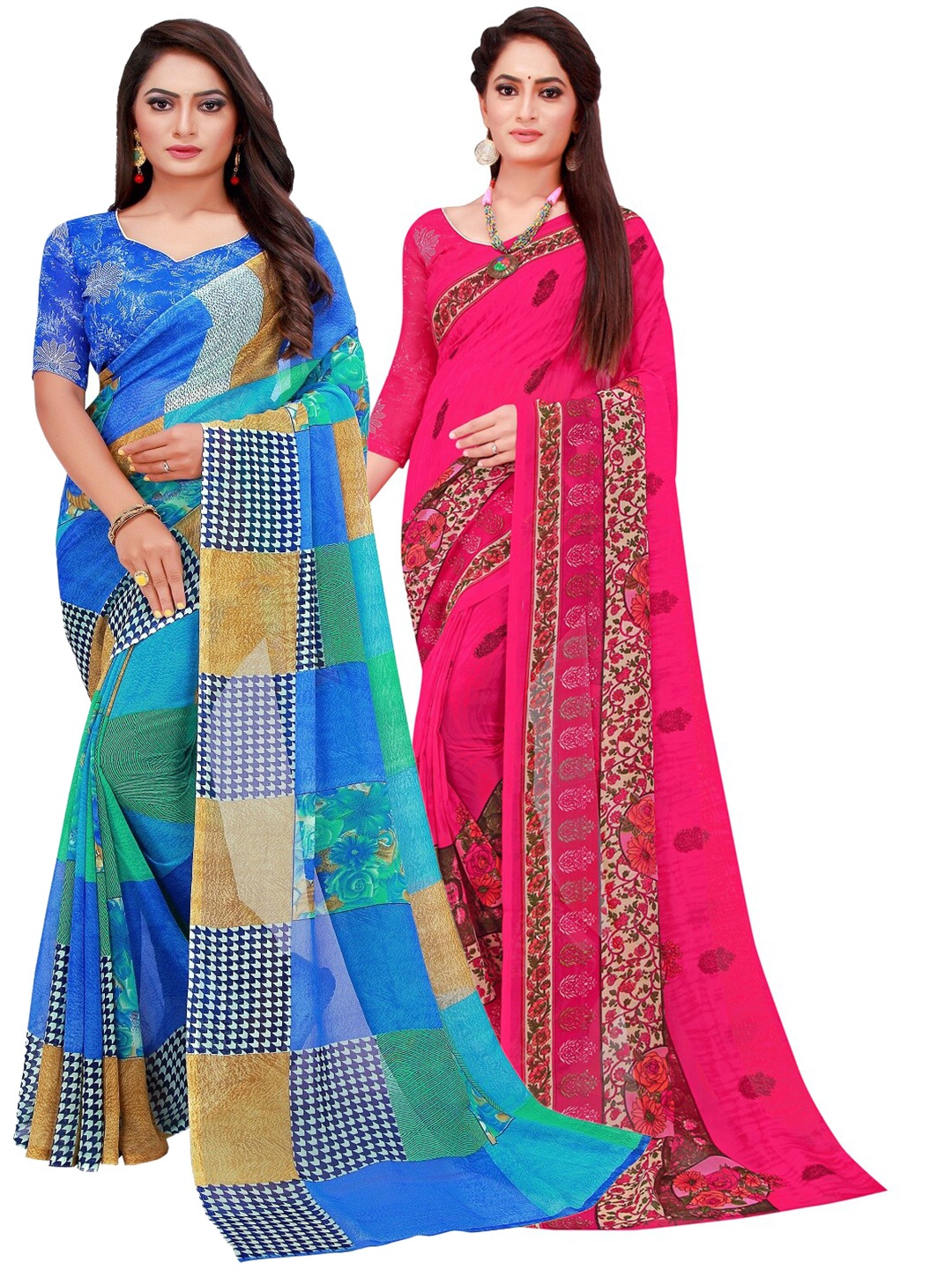 Florence Pack of 2 Blue & Magenta Pure Georgette Sarees