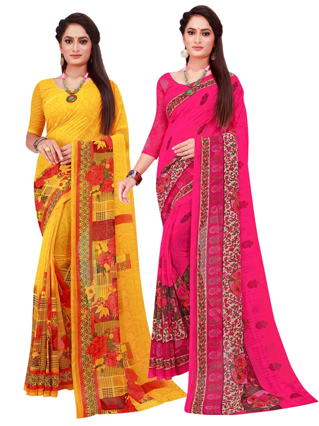 

Florence Pack Of 2 Yellow & Magenta Floral Pure Georgette Saree