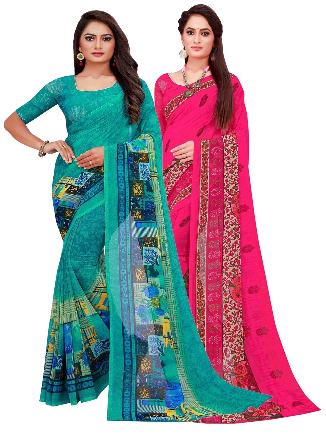 Florence Pack Of 2 Turquoise Blue & Green Pure Georgette Saree