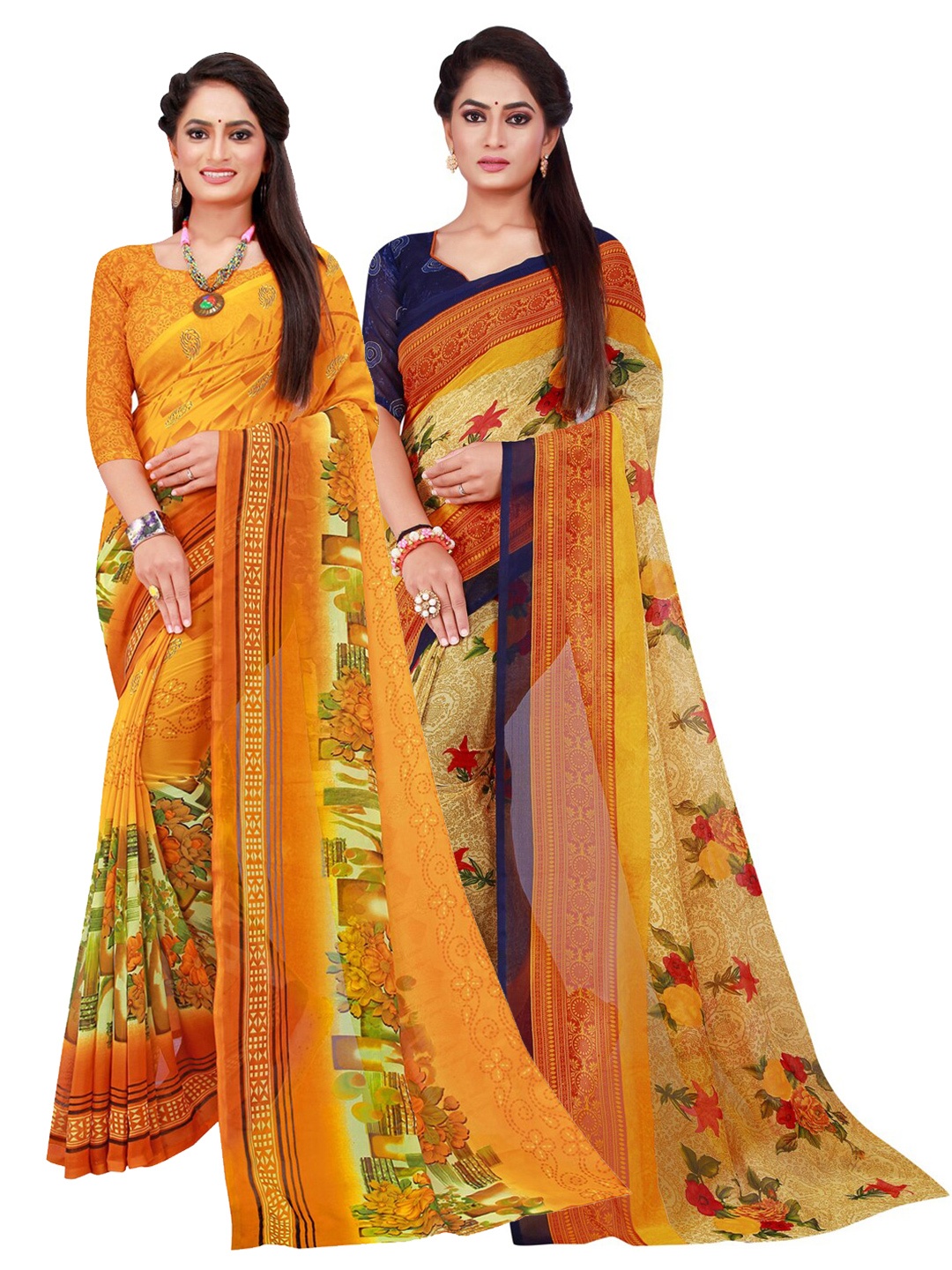 

KALINI Pack of 2 Yellow & Green Floral Pure Georgette Sarees