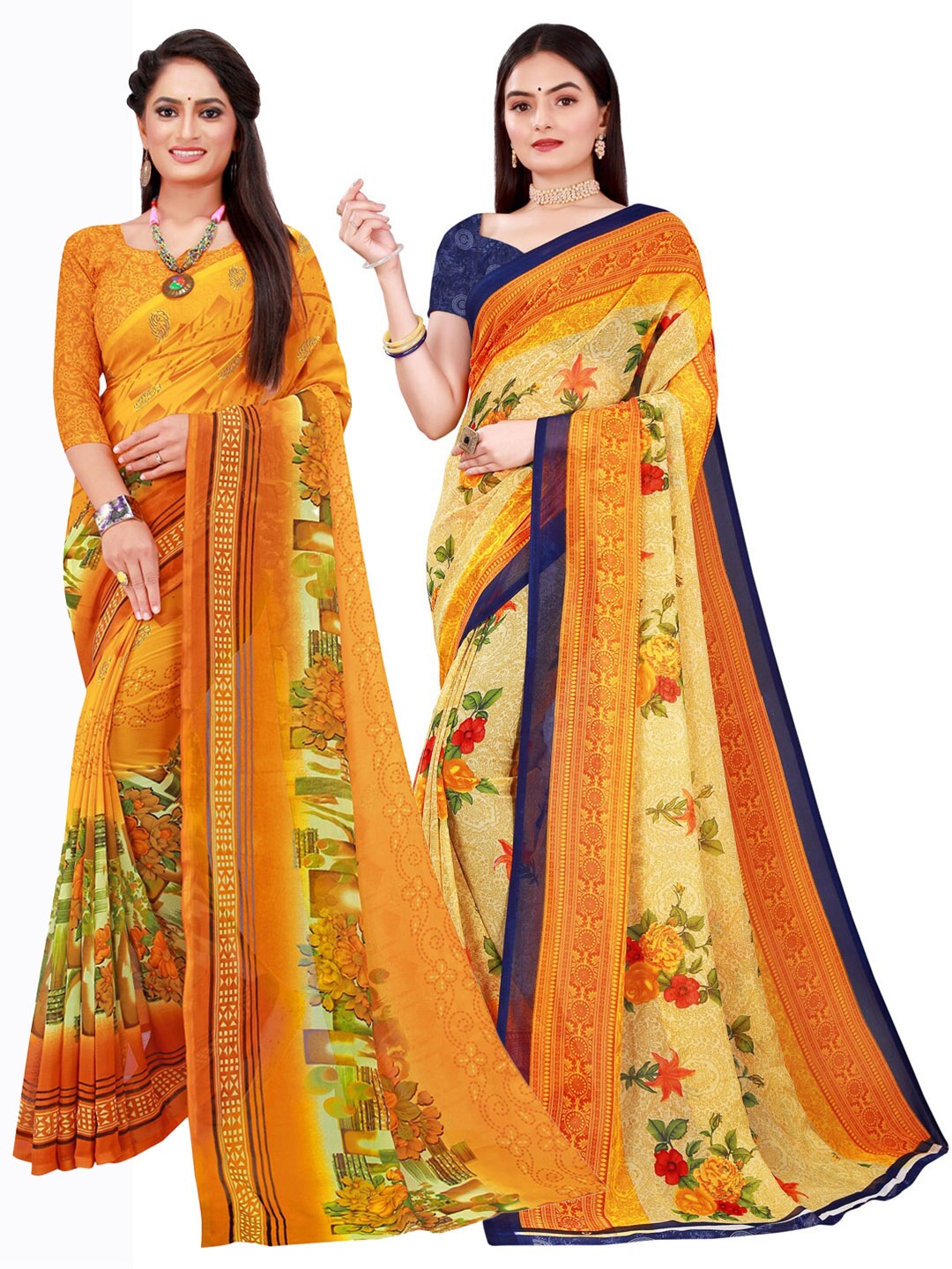 

KALINI Yellow & Blue Floral Printed Pure Georgette Saree Pack Of 2