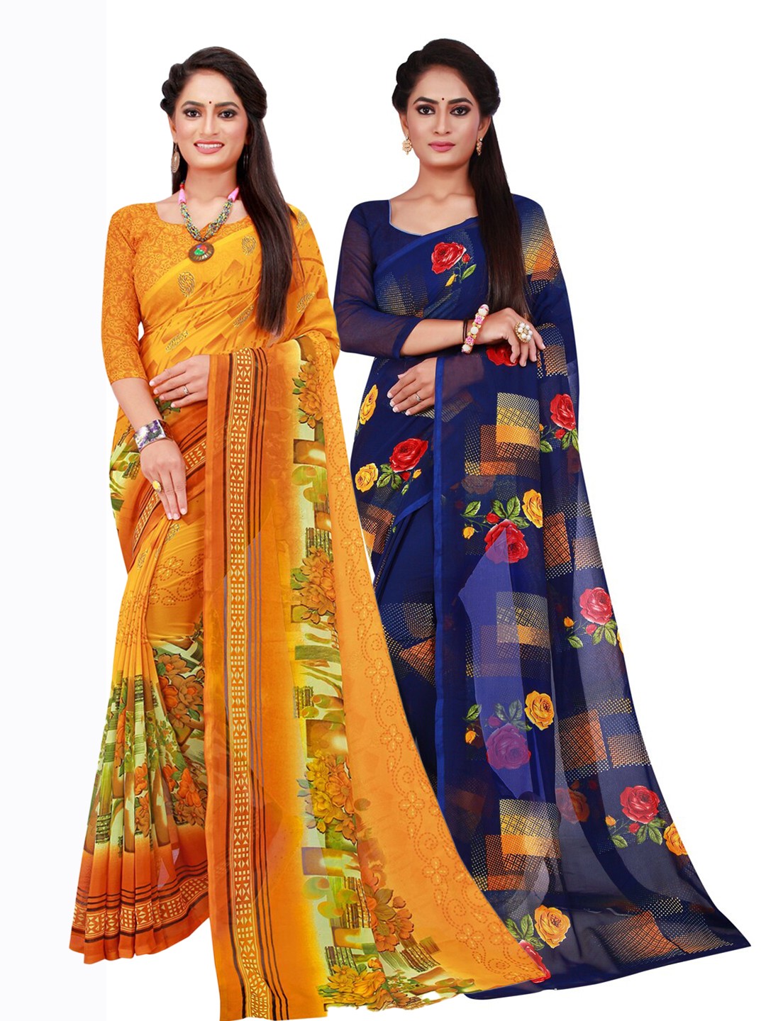 

KALINI Set Of 2 Yellow & Navy Blue Floral Pure Georgette Saree