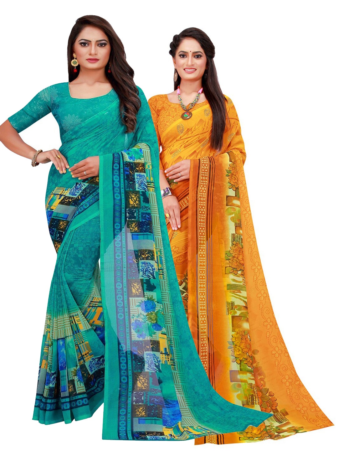 

KALINI Pack of 2 Yellow & Green Floral Pure Georgette Sarees