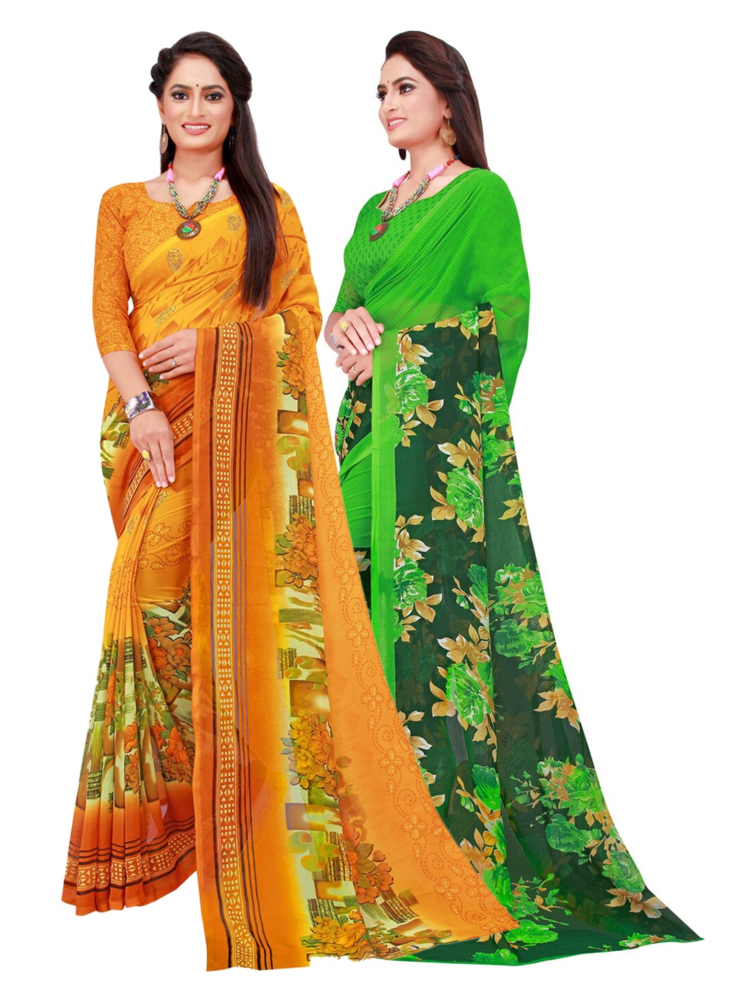 

KALINI Pack Of 2 Yellow & Green Pure Georgette Saree