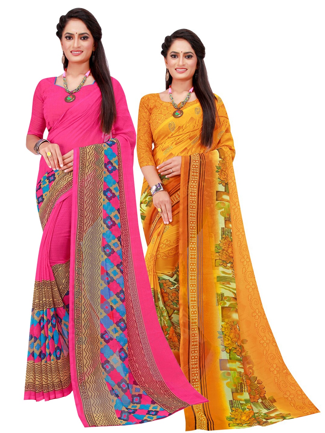 

KALINI Pack of 2 Yellow & Pink Floral Pure Georgette Sarees