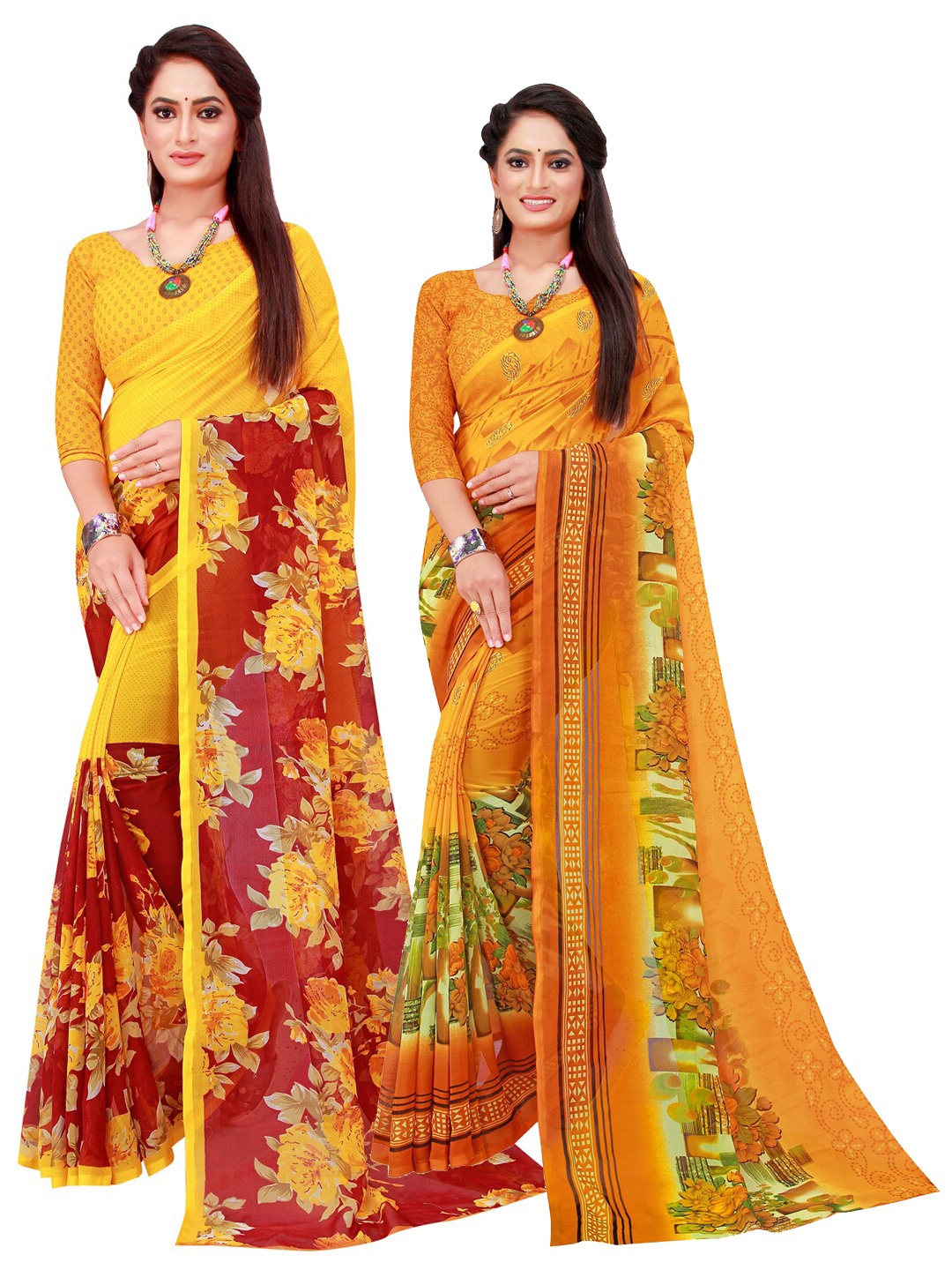 

KALINI Set Of 2 Yellow & Red Floral Pure Georgette Saree