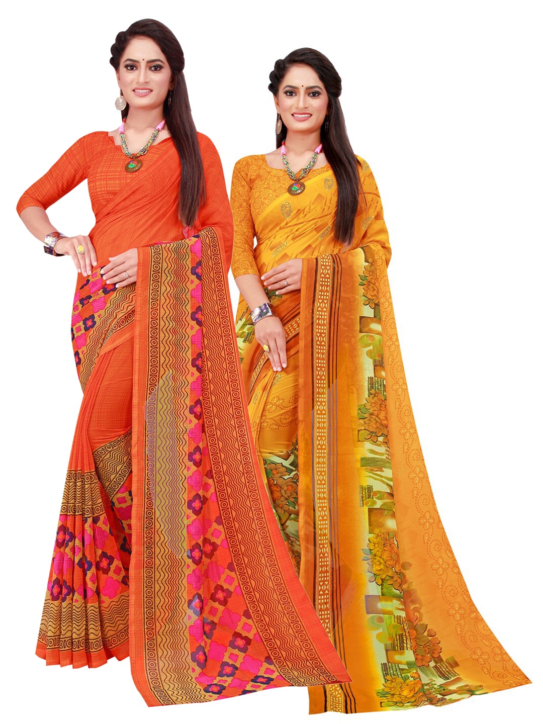 

KALINI Pack Of 2 Yellow & Red Floral Pure Georgette Saree