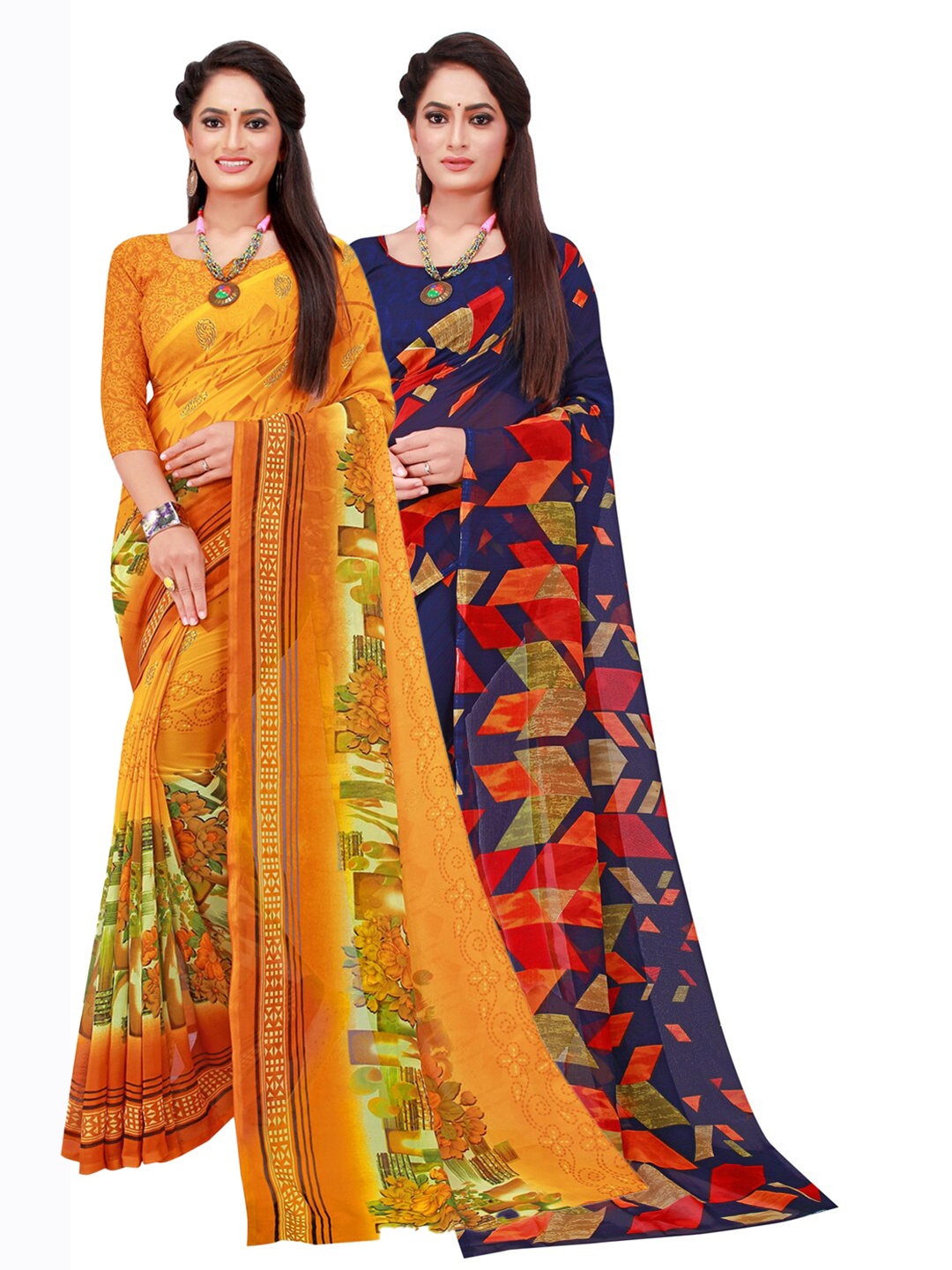 

KALINI Pack of 2 Yellow & Blue Floral Pure Georgette Sarees