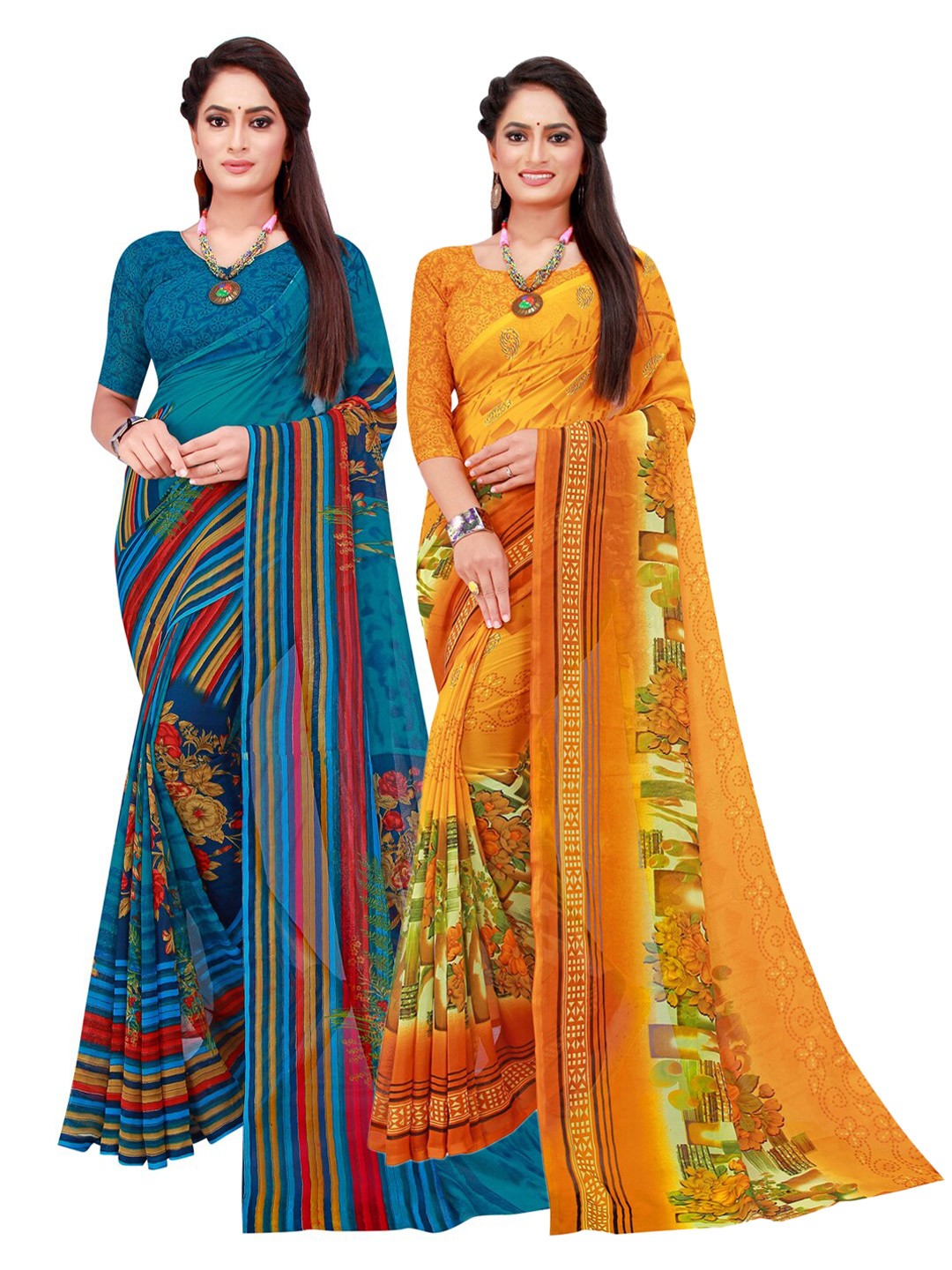 

KALINI Set Of 2 Yellow & Blue Floral Pure Georgette Saree