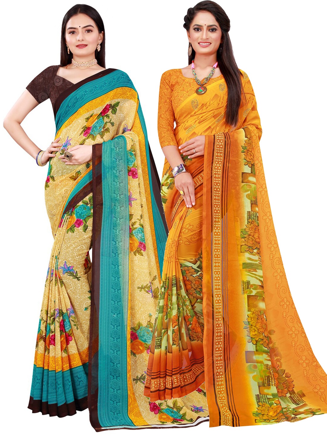 

KALINI Yellow & Blue Set of 2 Floral Printed Georgette Saree