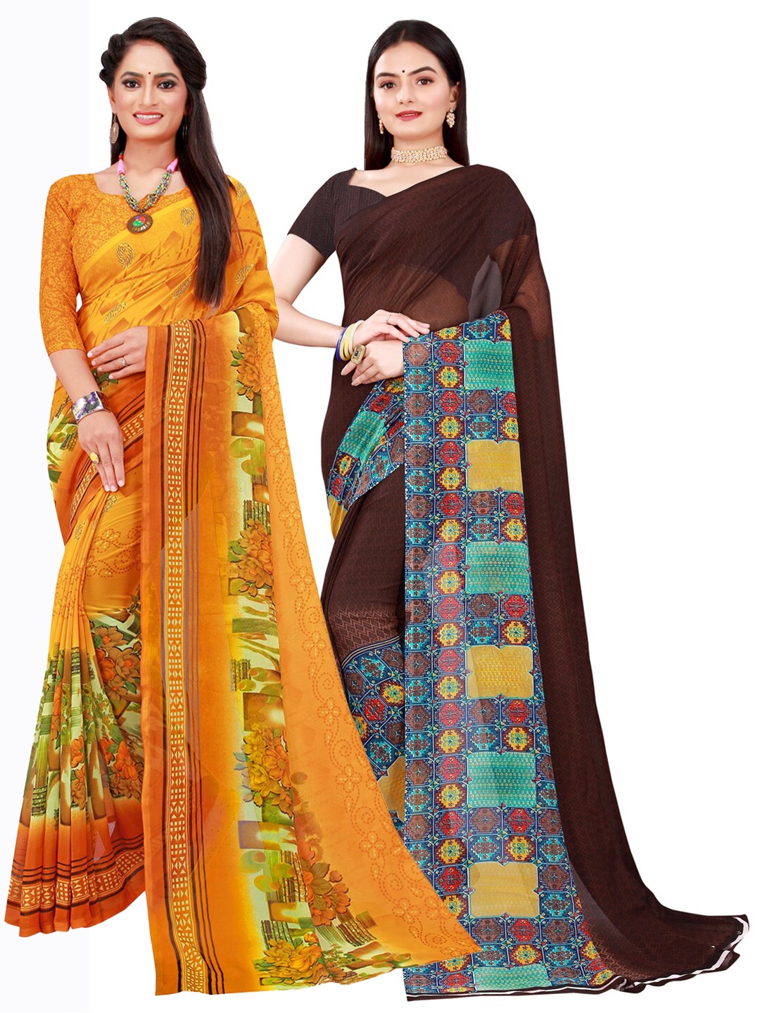 

KALINI Yellow & Brown Printed Pure Georgette Saree Pack Of 2