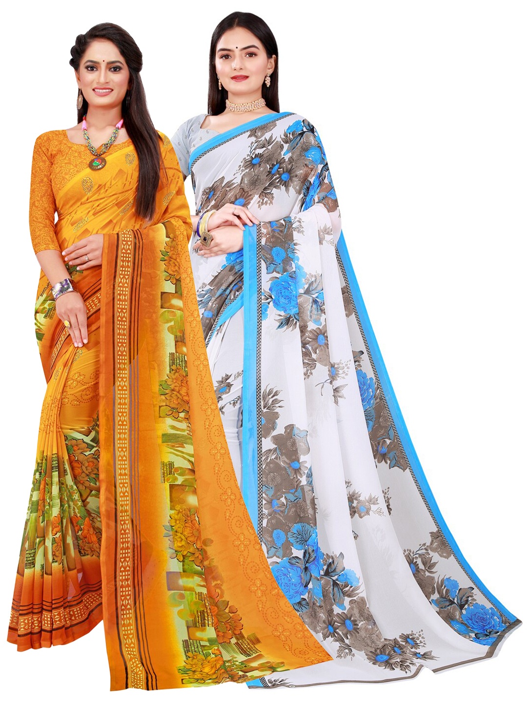 

KALINI Pack of 2 Yellow & Blue Floral Pure Georgette Sarees