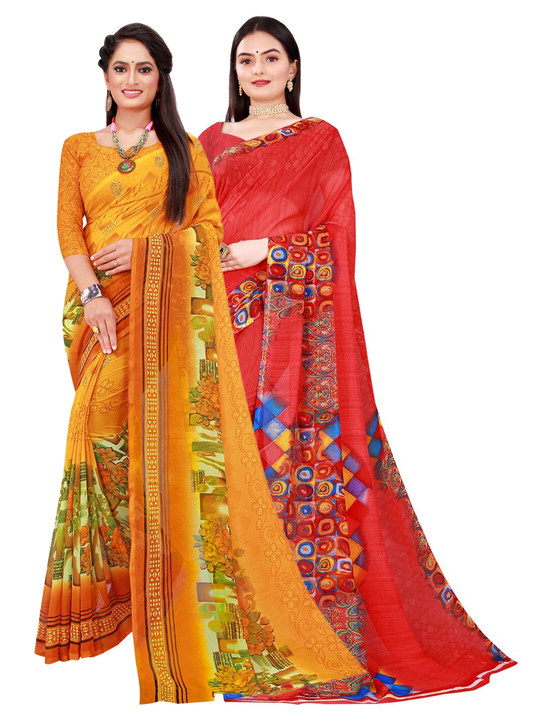 

KALINI Pack Of 2 Yellow & Green Pure Georgette Saree