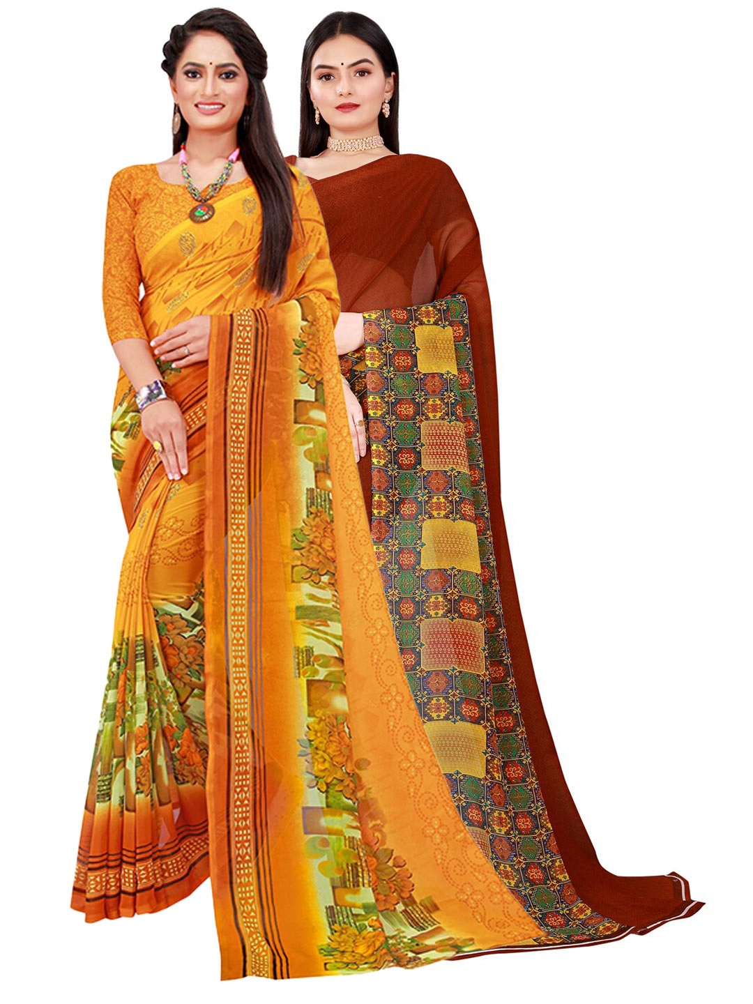 

KALINI Set Of 2 Yellow & Brown Floral Pure Georgette Saree