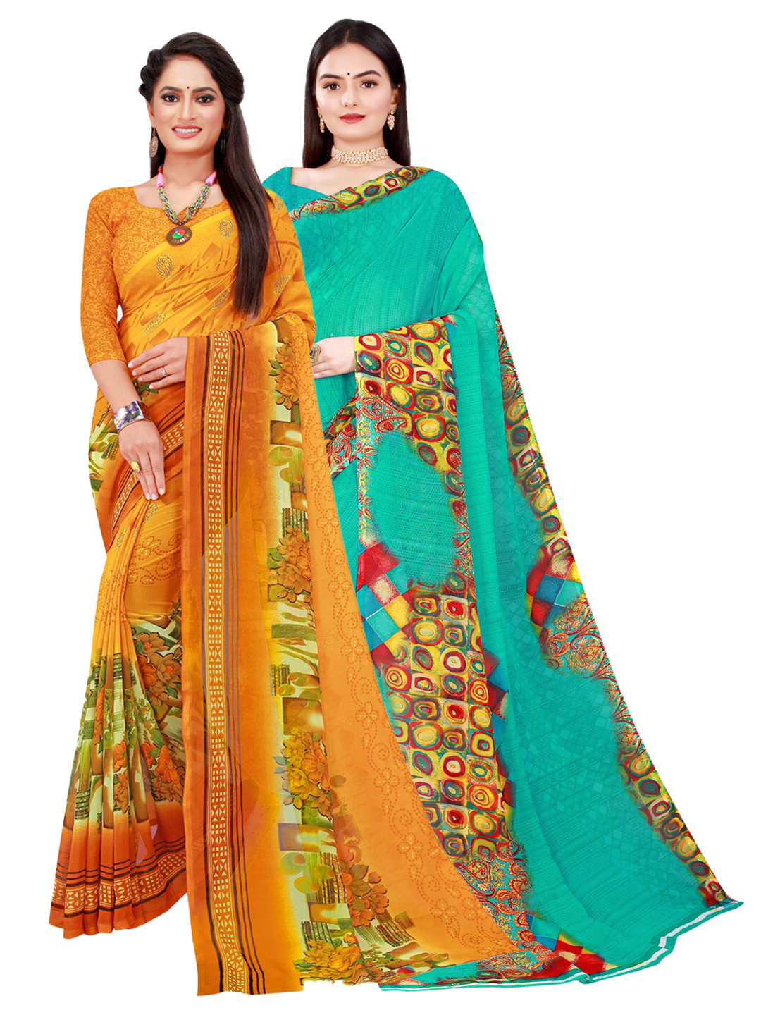 

KALINI Pack of 2 Yellow & Green Floral Pure Georgette Sarees