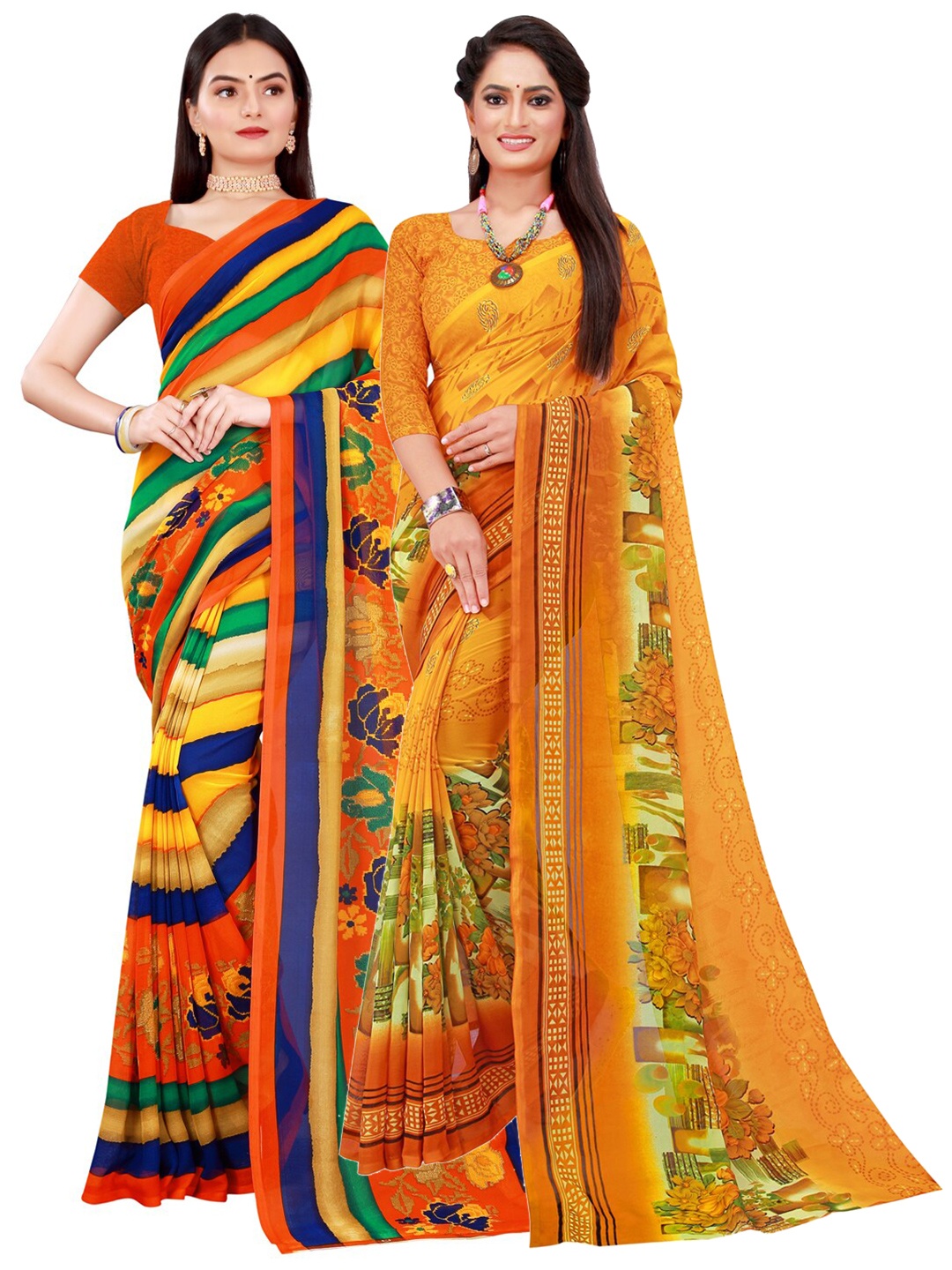 

KALINI Yellow & Green Striped Printed Pure Georgette Saree Pack Of 2