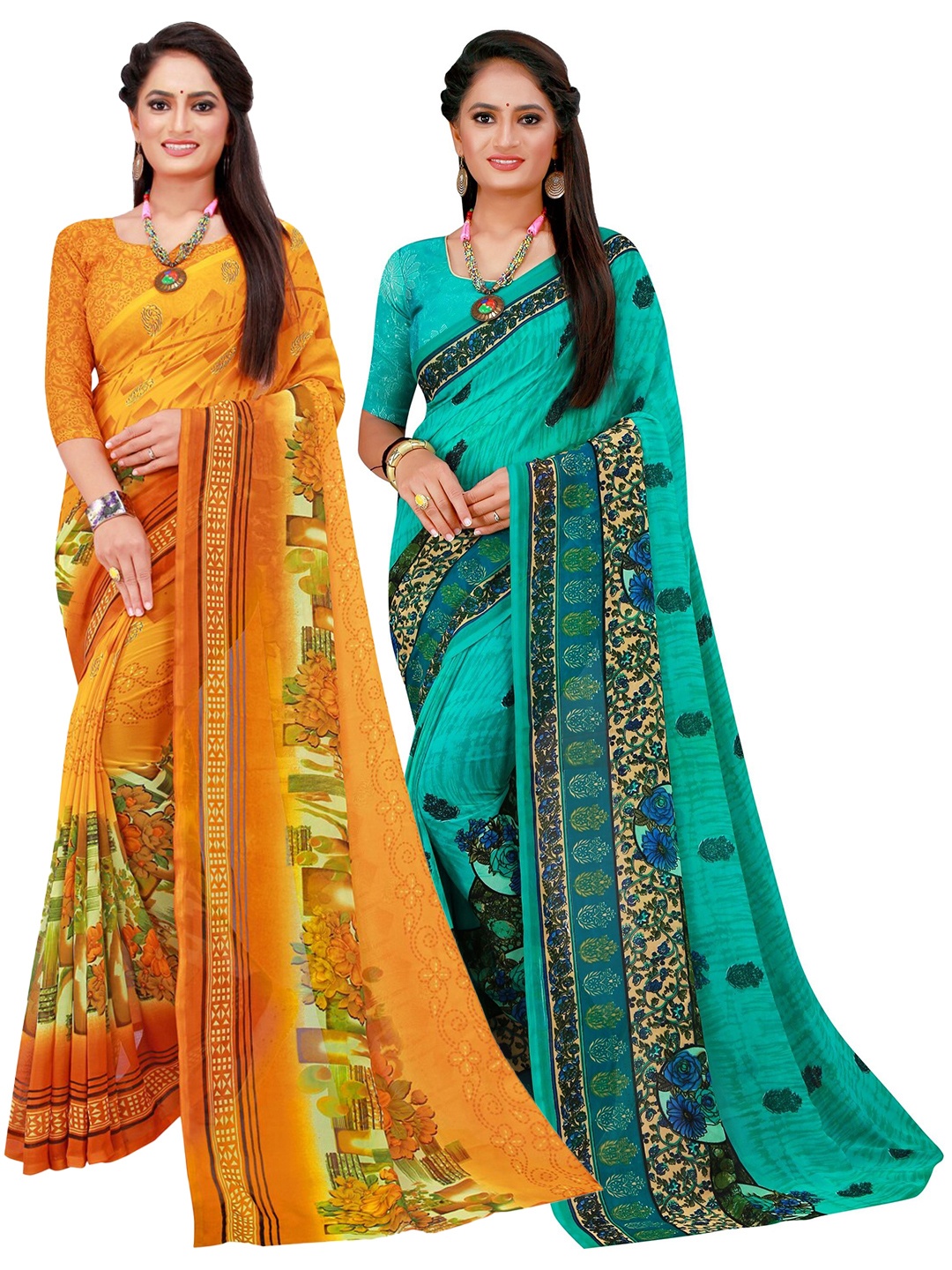 

KALINI Yellow & Blue Set of 2 Floral Printed Georgette Saree
