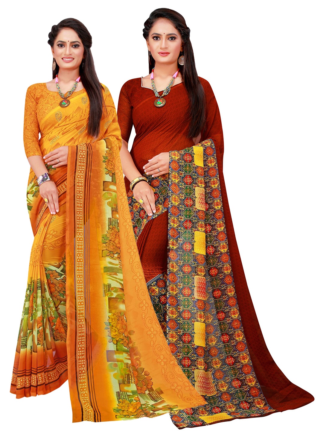 

KALINI Yellow & Red Printed Pure Georgette Saree
