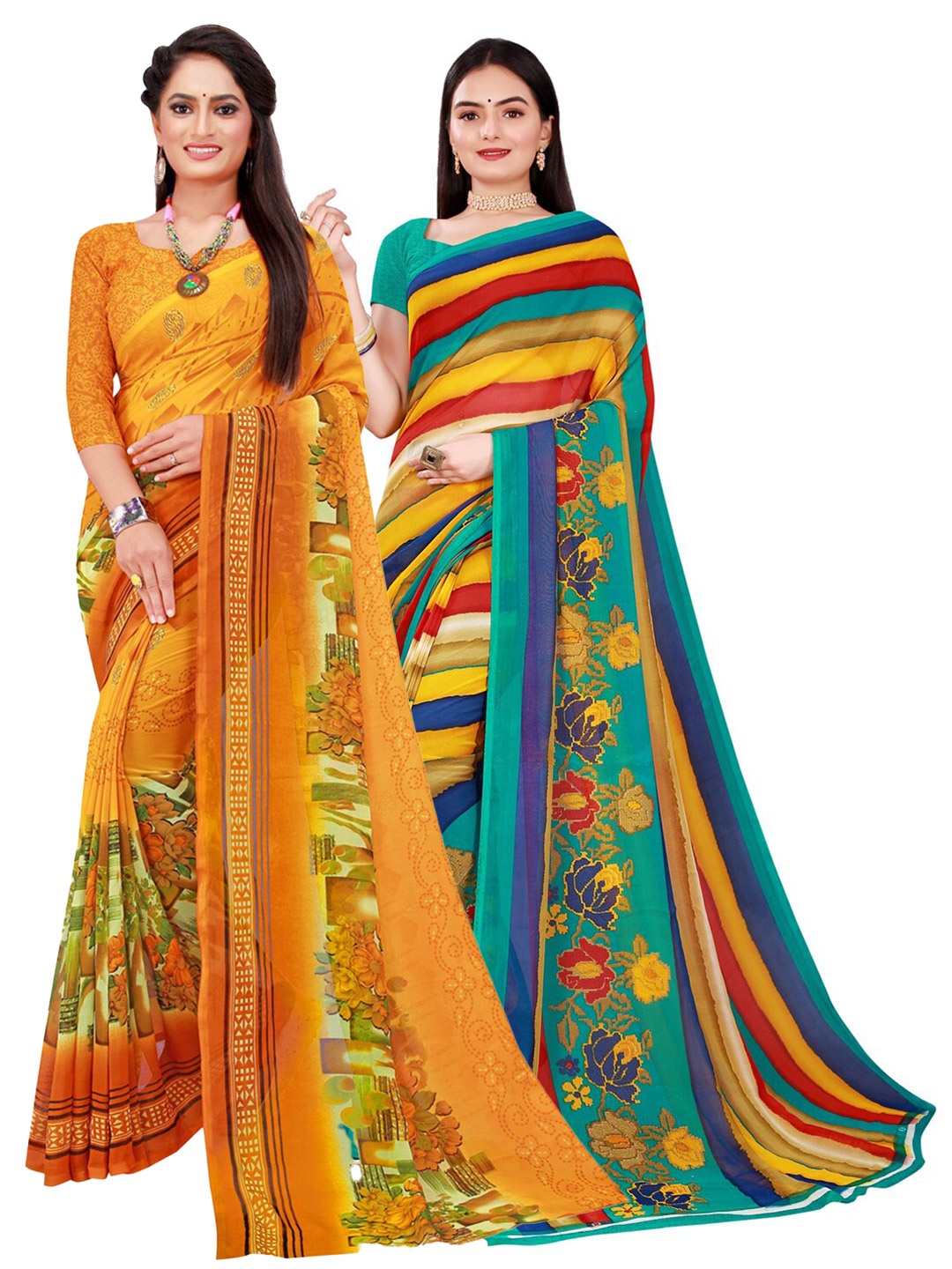 

KALINI Pack of 2 Yellow & Blue Pure Georgette Sarees