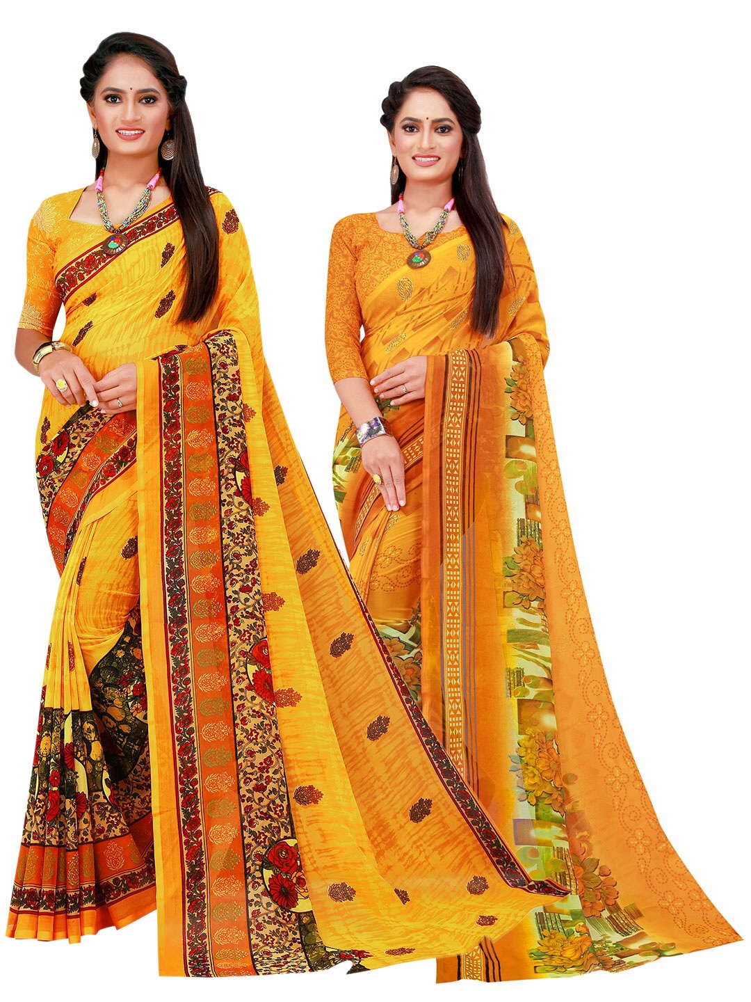 

KALINI Set Of 2 Yellow & Green Floral Pure Georgette Saree