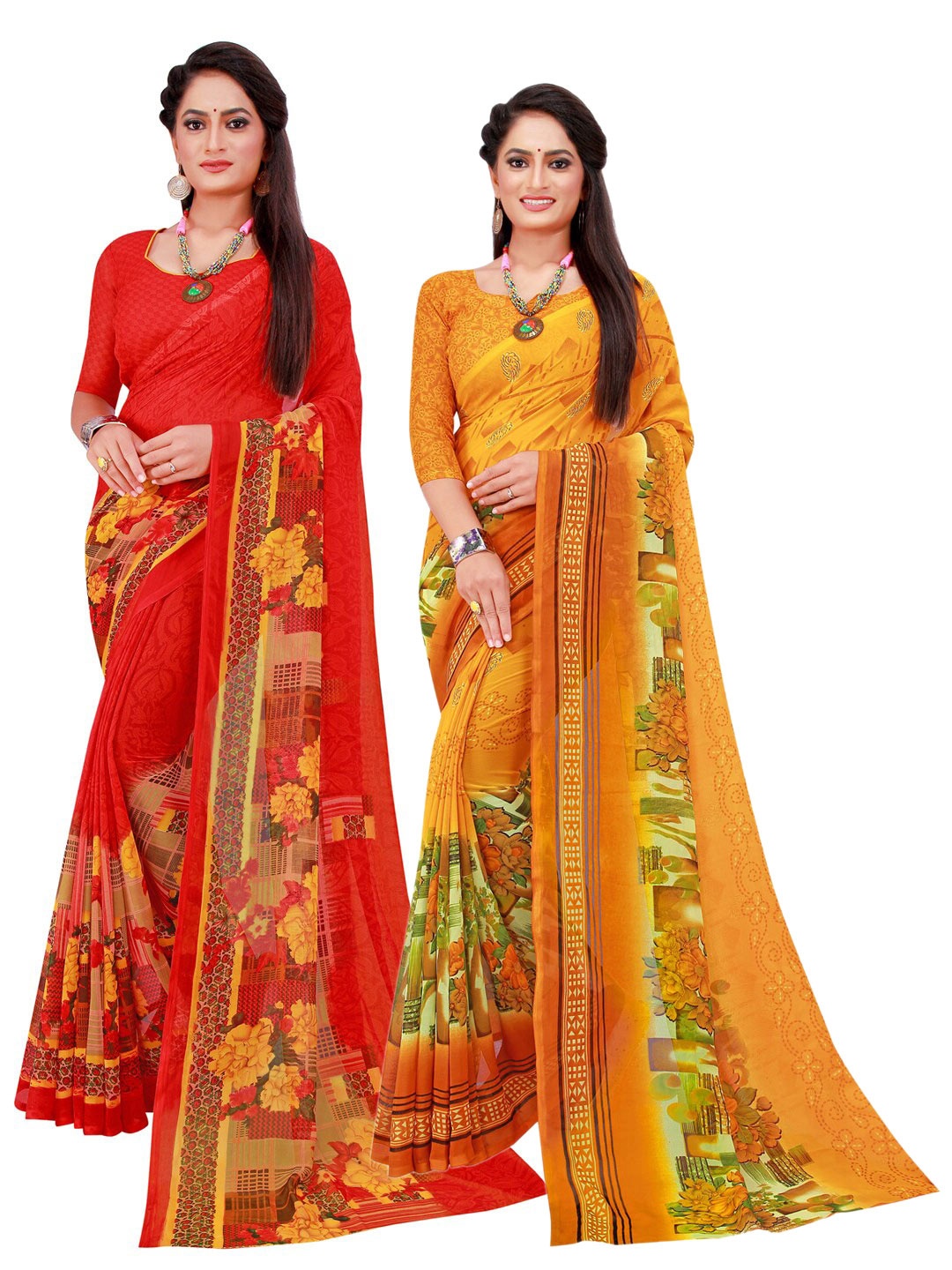 

KALINI Yellow & Red Set of 2 Floral Printed Georgette Saree