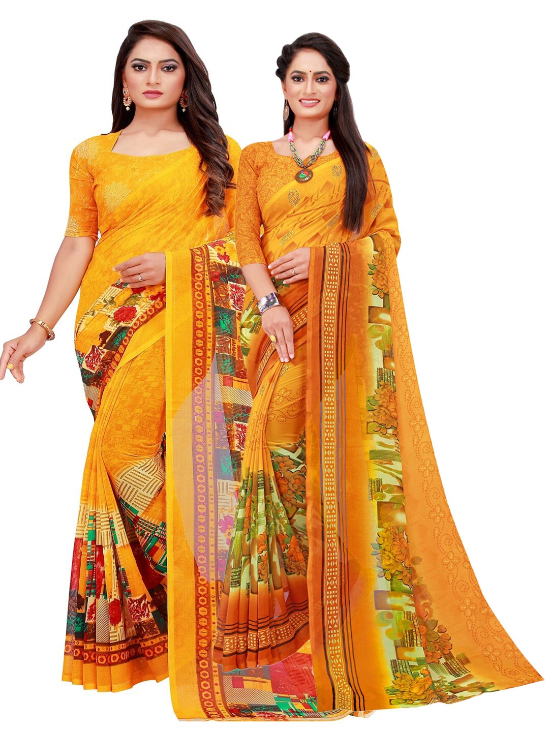 

KALINI Pack of 2 Yellow & Green Pure Georgette Sarees