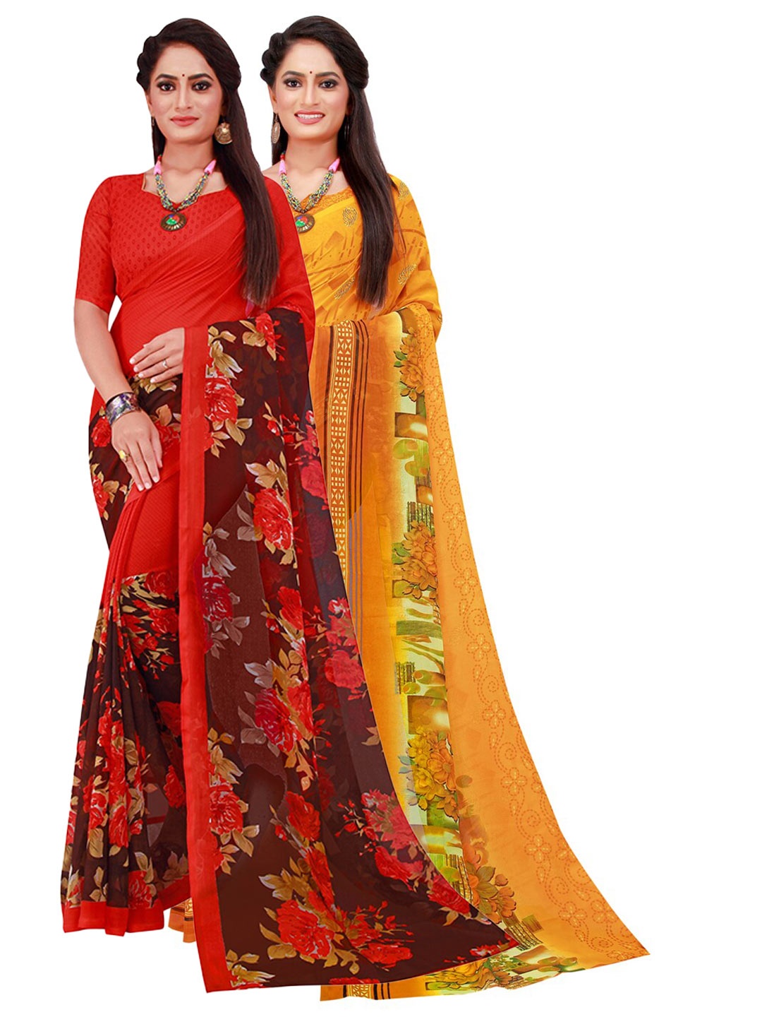 

KALINI Pack Of 2 Yellow & Red Floral Pure Georgette Saree