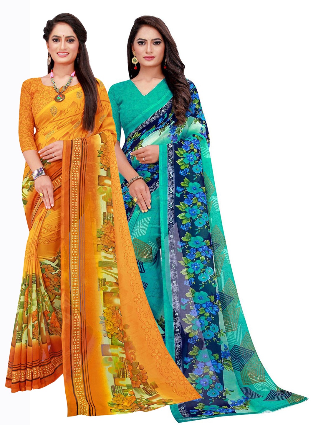

KALINI Set Of 2 Yellow & Blue Floral Pure Georgette Saree