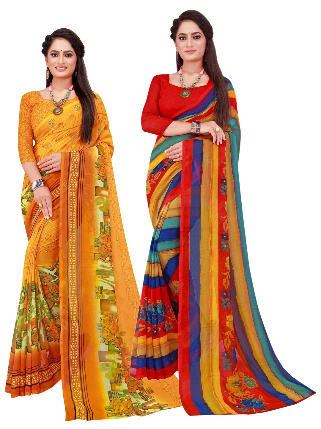 

KALINI Pack Of 2 Yellow & Red Pure Georgette Saree
