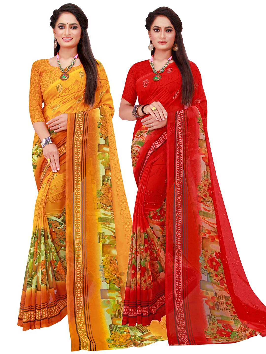 

KALINI Yellow & Red Set Of 2 Floral Pure Georgette Saree