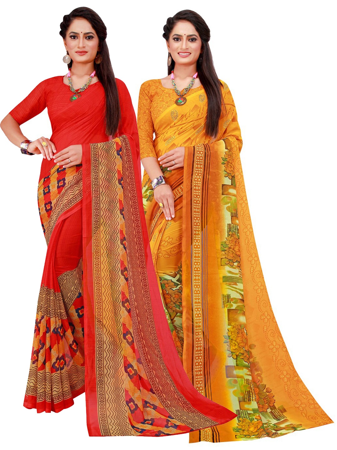 

KALINI Yellow & Red Printed Pure Georgette Saree