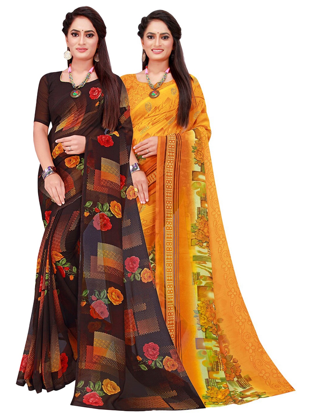 

KALINI Yellow & Blue Set of 2 Floral Printed Georgette Saree