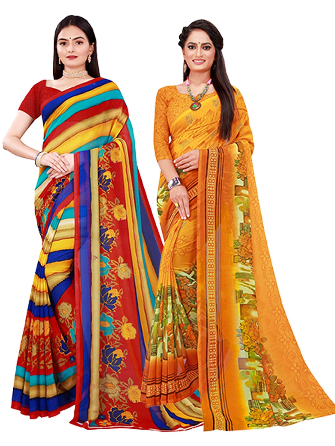 

KALINI Pack Of 2 Yellow & Blue Floral Pure Georgette Saree