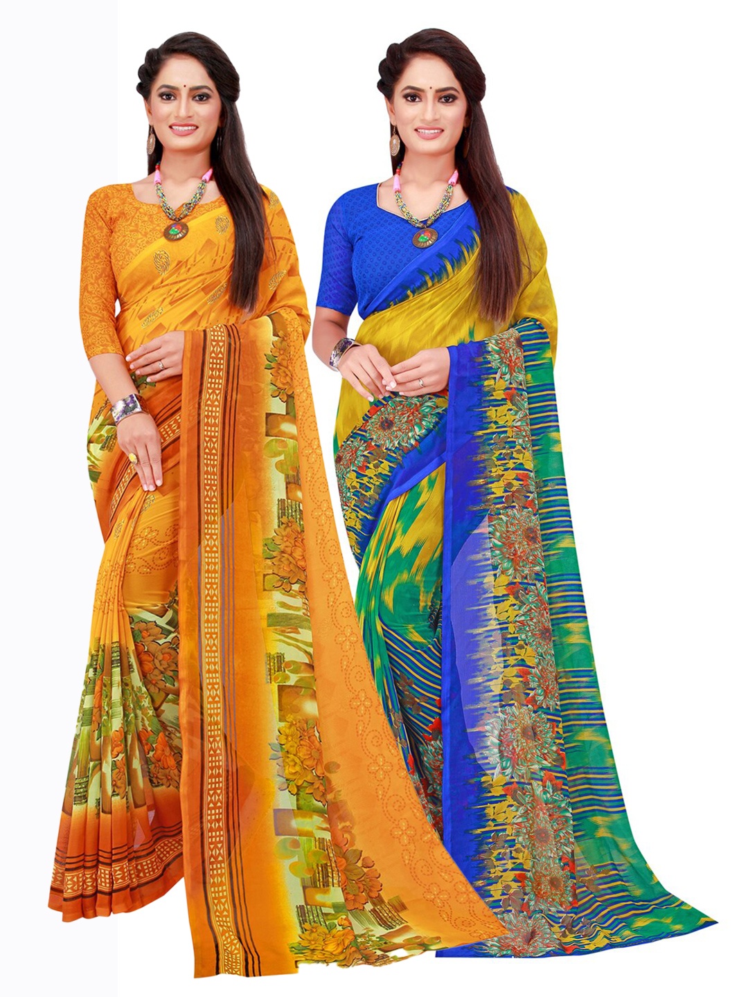 

KALINI Pack Of 2 Yellow & Blue Pure Georgette Saree