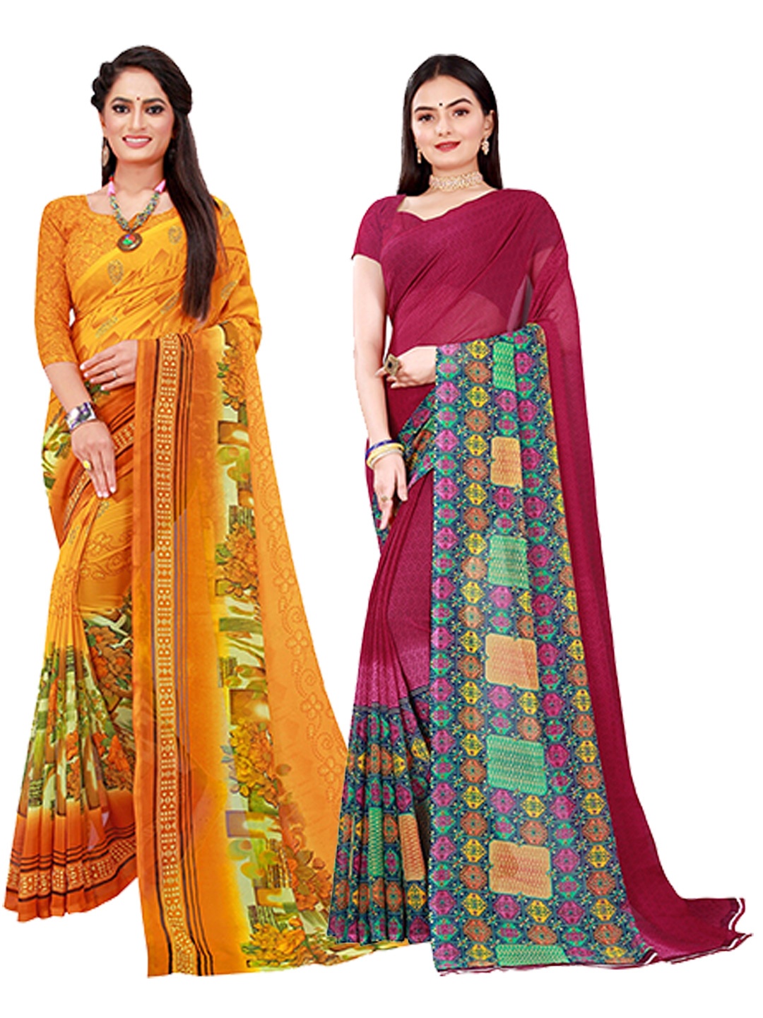 

KALINI Set Of 2 Yellow & Purple Floral Pure Georgette Saree