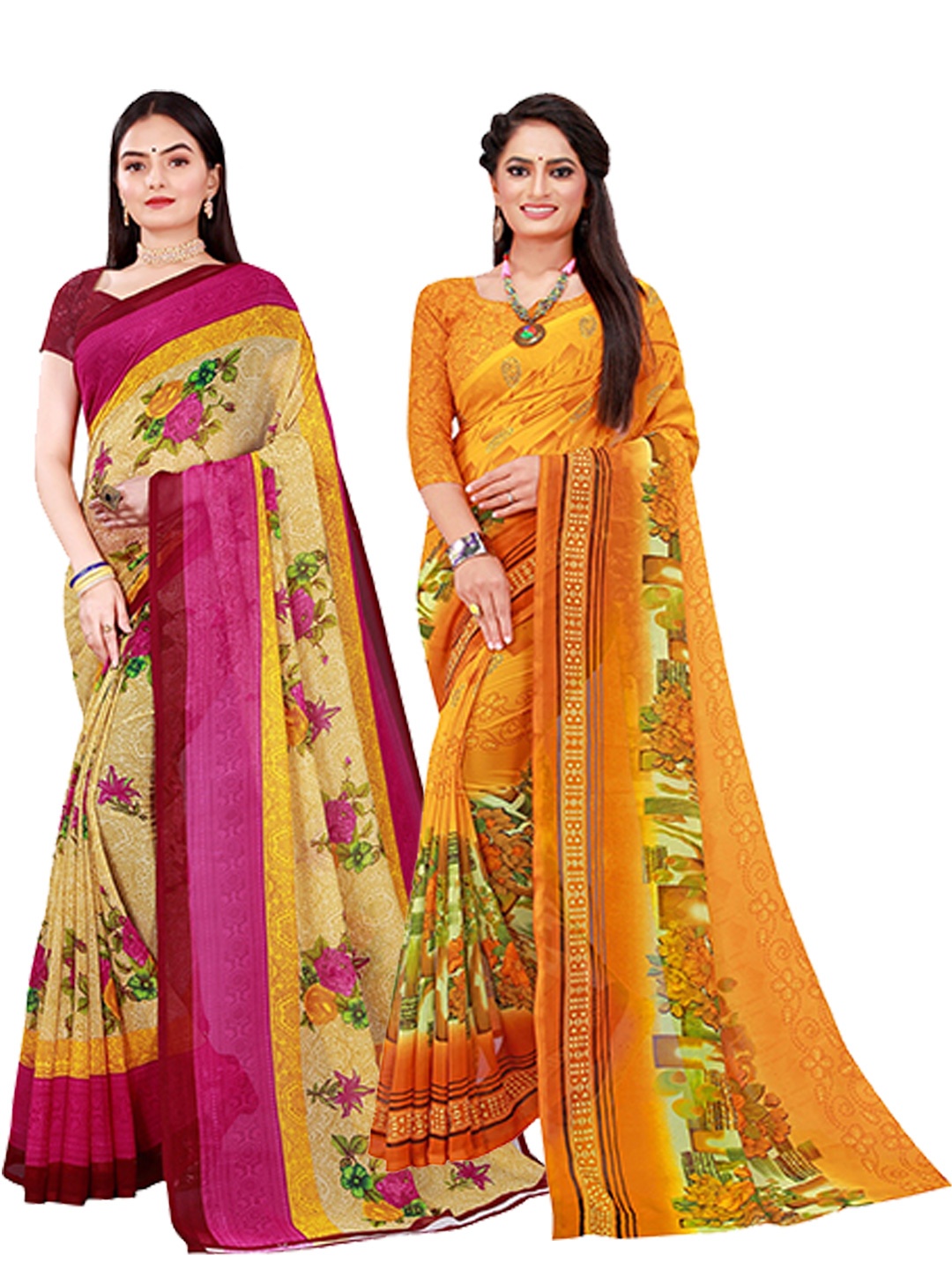 

KALINI Pack of 2 Yellow & Magenta Floral Pure Georgette Sarees