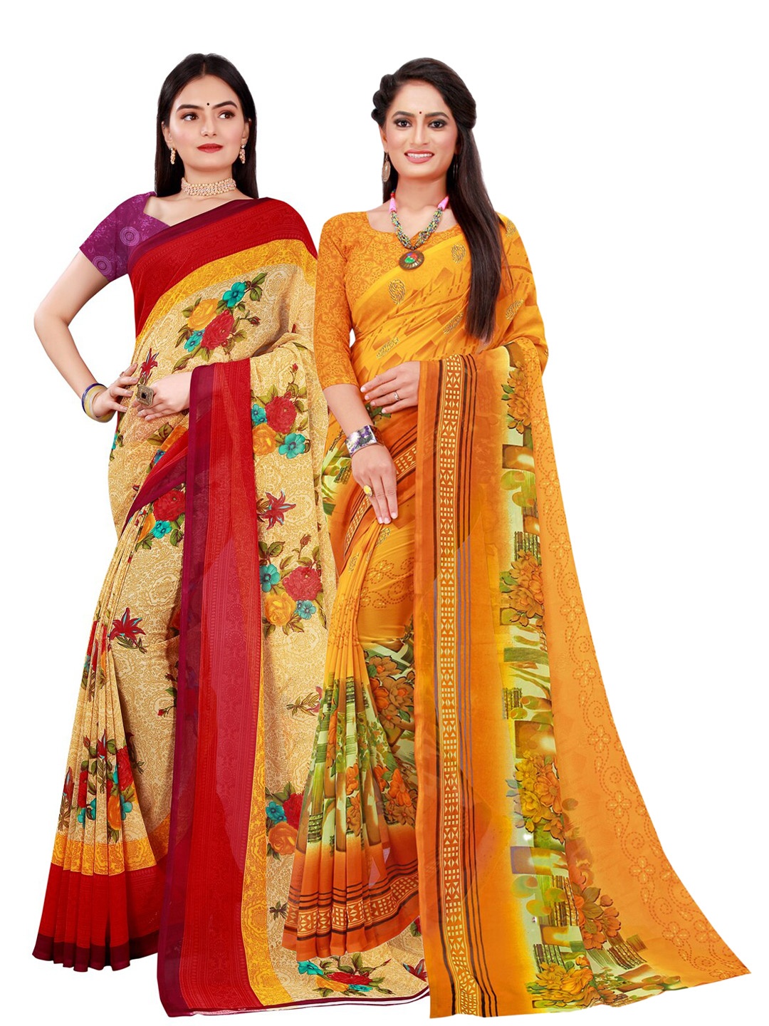 

KALINI Yellow & Red Set Of 2 Floral Pure Georgette Saree