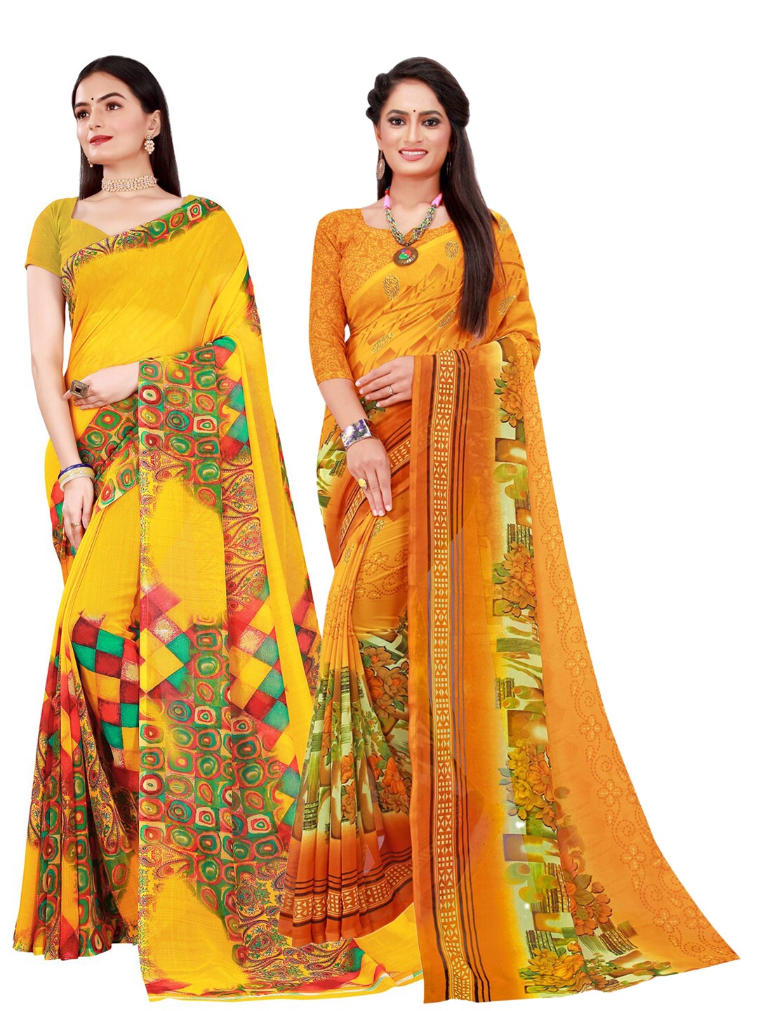 

KALINI Yellow & Green Set of 2 Floral Printed Georgette Saree
