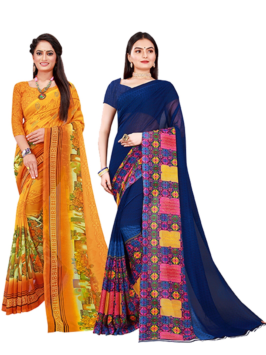 

KALINI Yellow & Blue Floral Printed Pure Georgette Saree Pack Of 2
