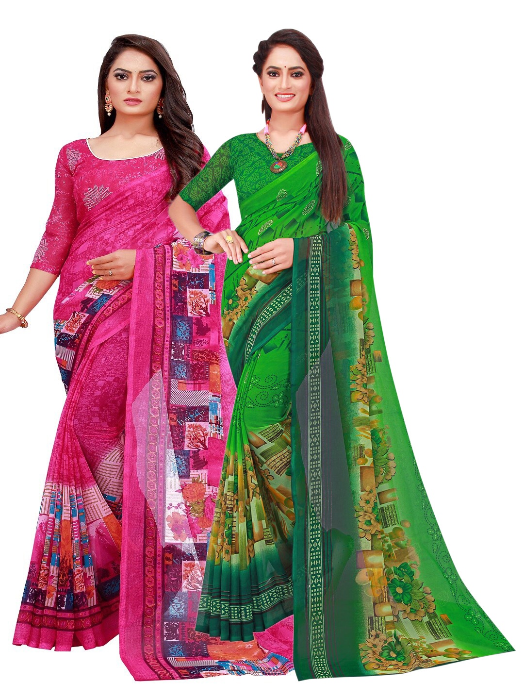 

KALINI Pack Of 2 Green & Pink Floral Pure Georgette Saree