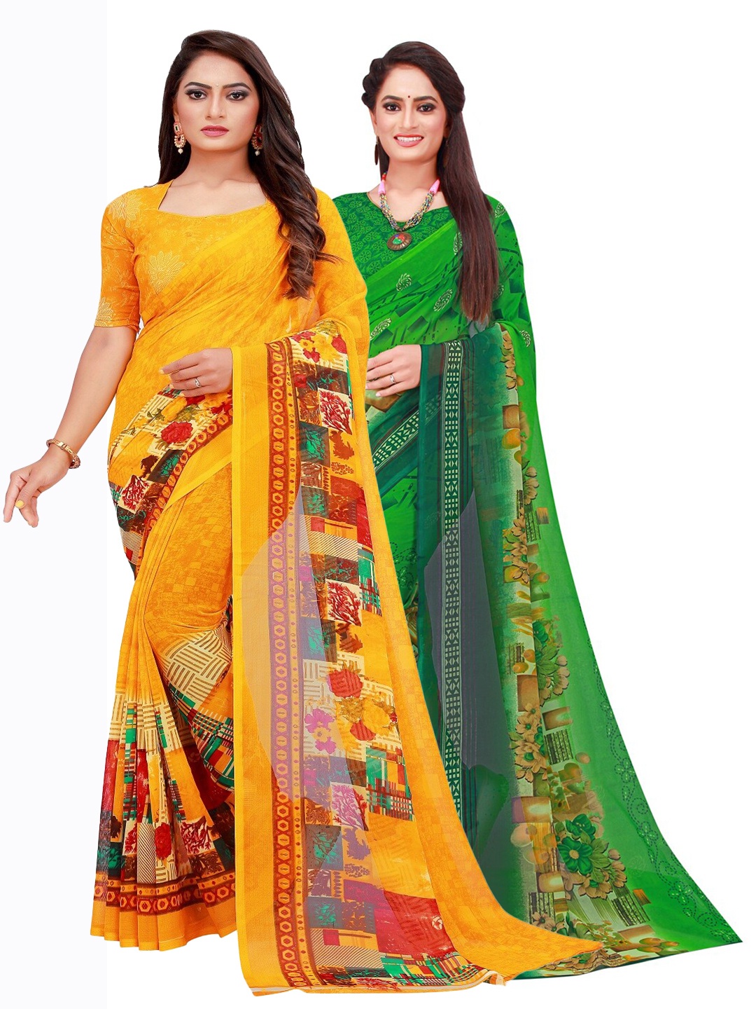 

KALINI Pack Of 2 Green & Yellow Floral Pure Georgette Saree