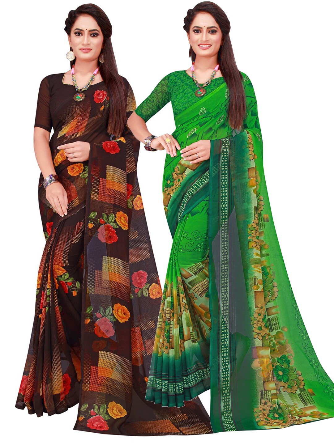 

KALINI Set Of 2 Green & Navy Blue Floral Pure Georgette Saree
