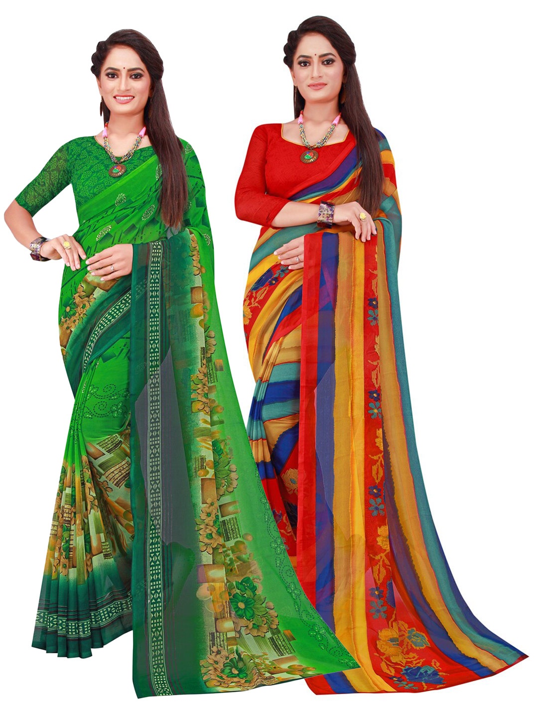 

KALINI Pack of 2 Green & Red Pure Georgette Sarees