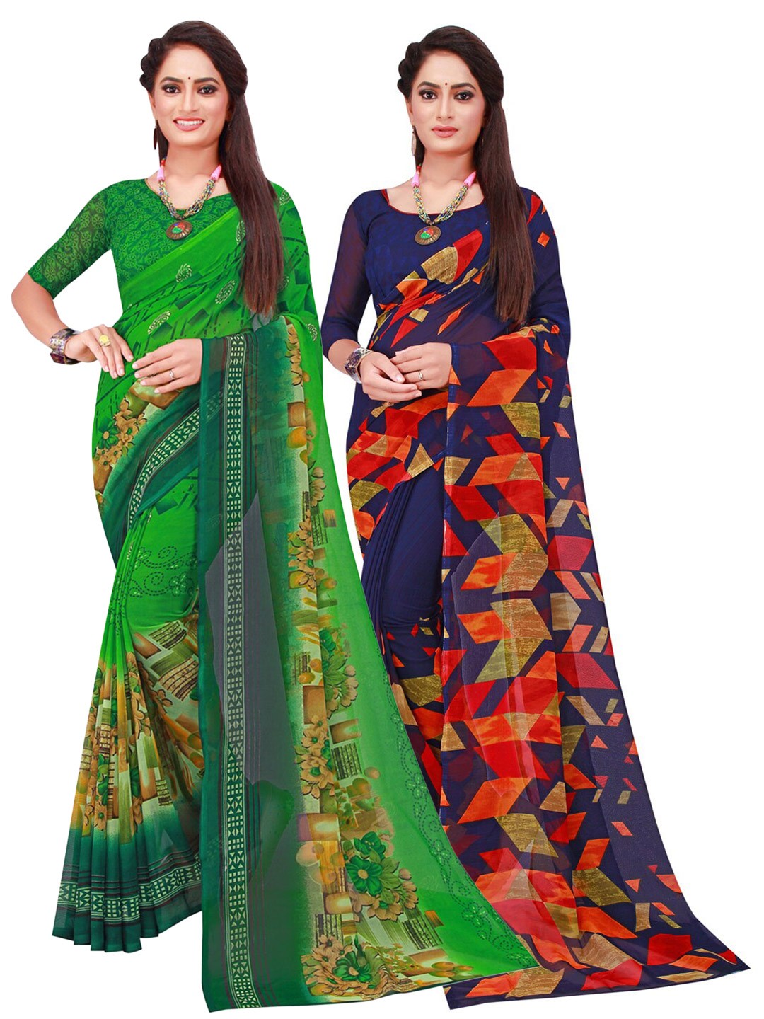 

KALINI Green & Blue Set of 2 Floral Printed Georgette Saree