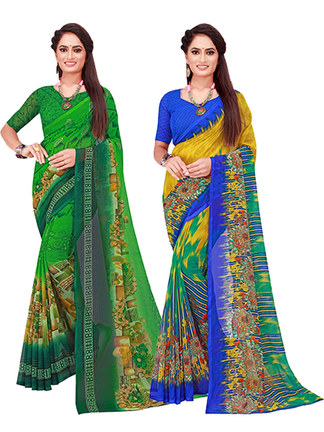 

KALINI Green & Blue Printed Pure Georgette Saree Pack Of 2