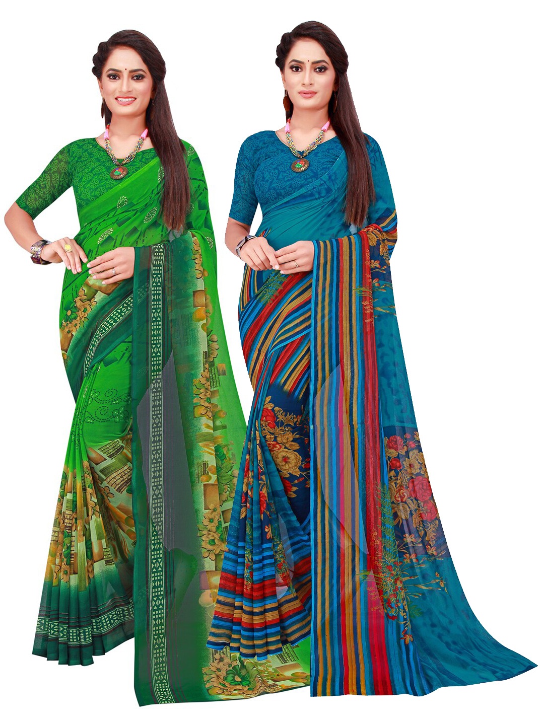 

KALINI Green & Blue Printed Pure Georgette Saree