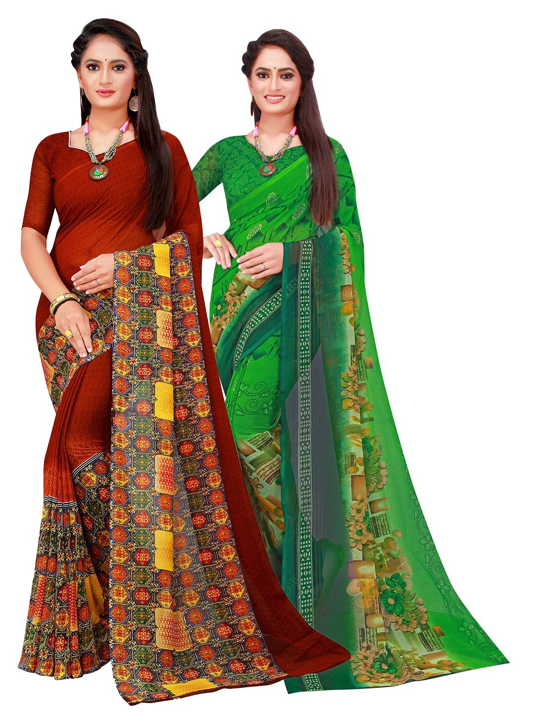 

KALINI Pack Of 2 Green & Brown Floral Pure Georgette Saree