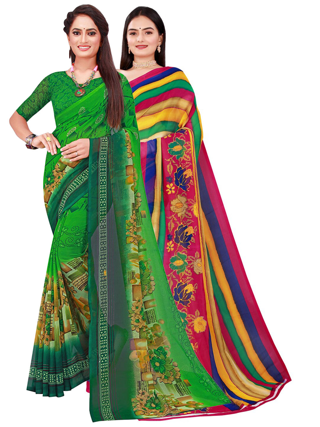 

KALINI Set Of 2 Green & Yellow Floral Pure Georgette Saree