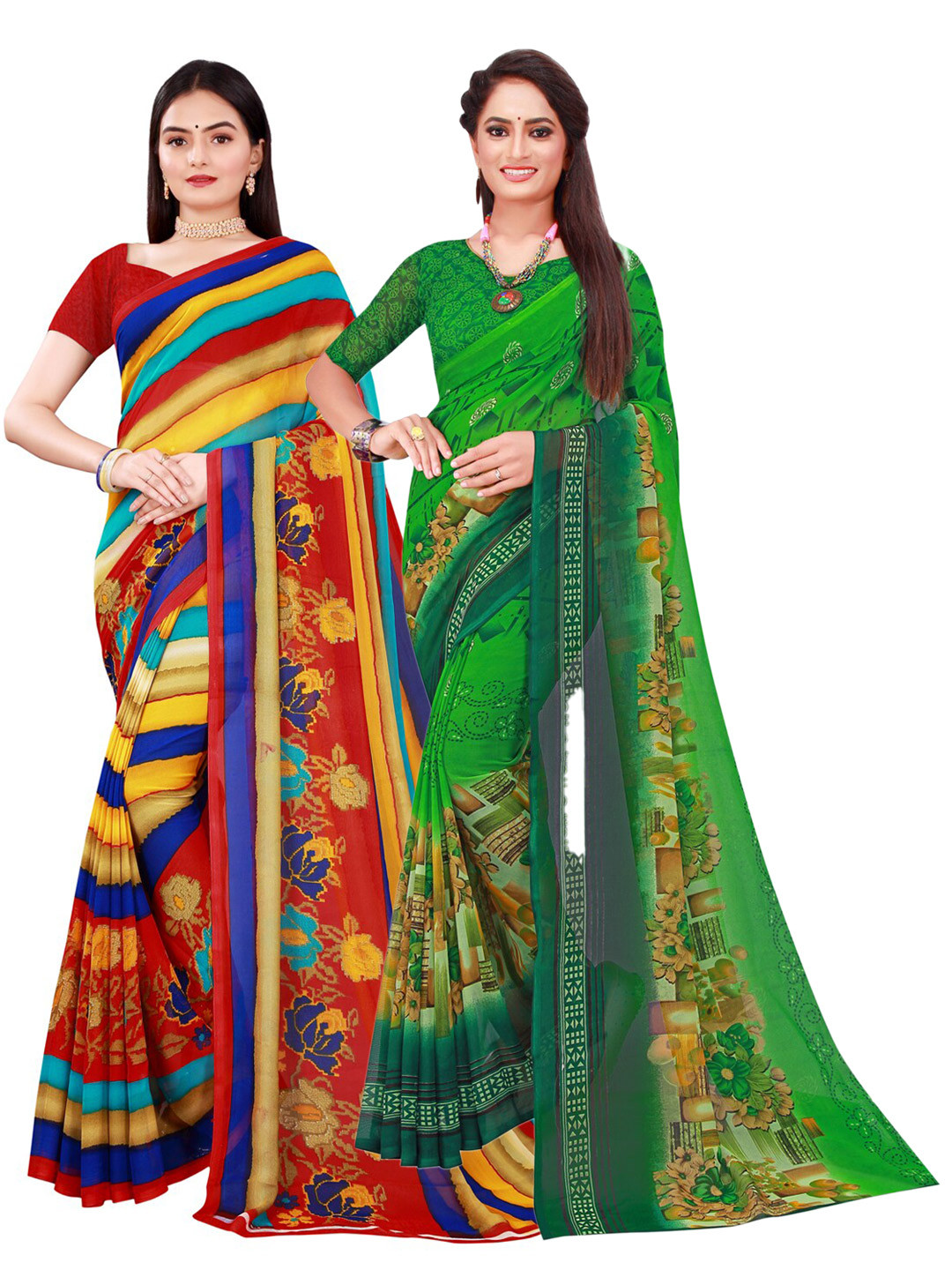 

KALINI Pack of 2 Green & Yellow Pure Georgette Sarees