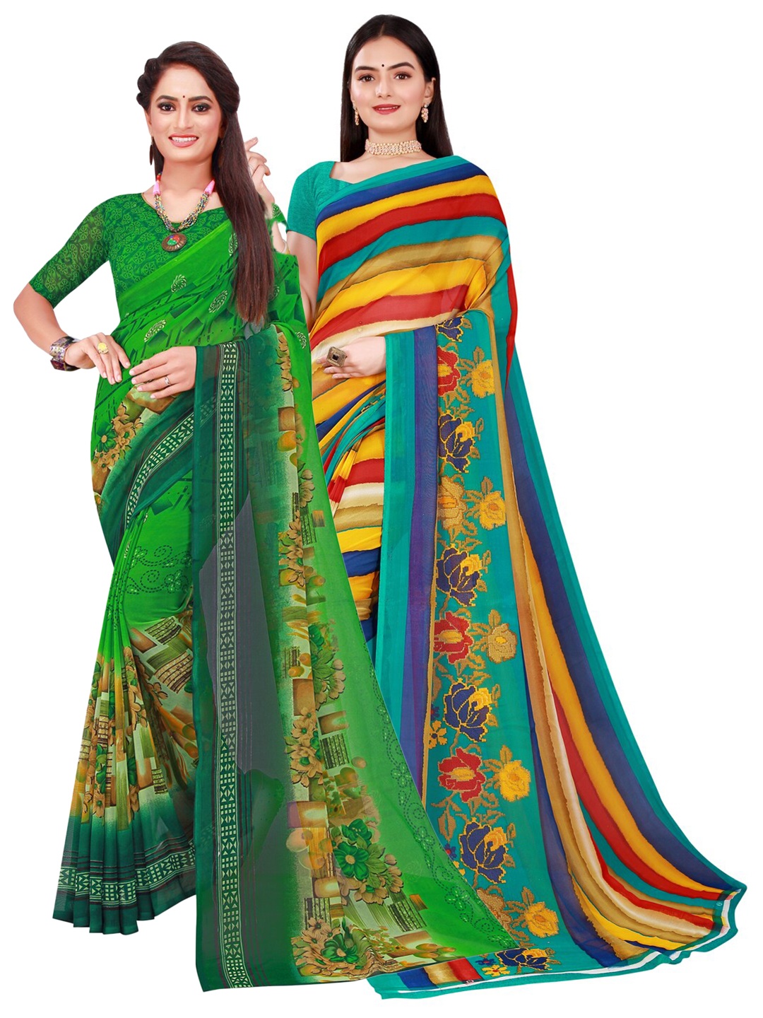 KALINI Green & Blue Set Of 2 Floral Pure Georgette Saree